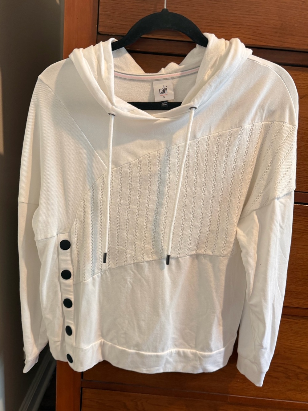 Cabi White Hooded Crewneck Sweater with Button Accent